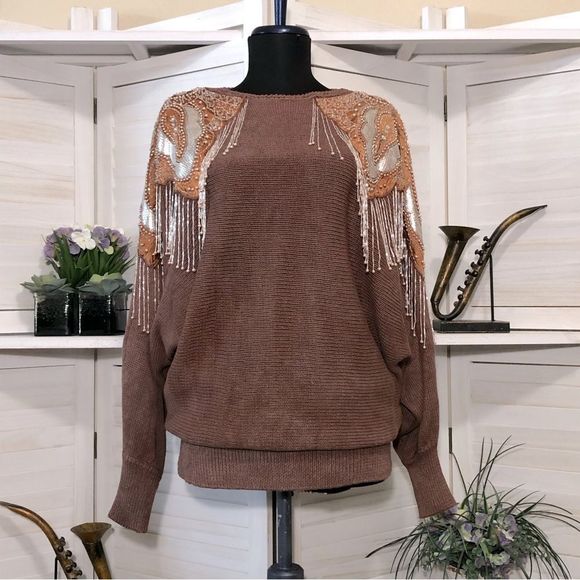 Vintage Sweaters - Vintage 80s 90s dolman sleeves beaded chocolate brown cotton tunic sweater sz L